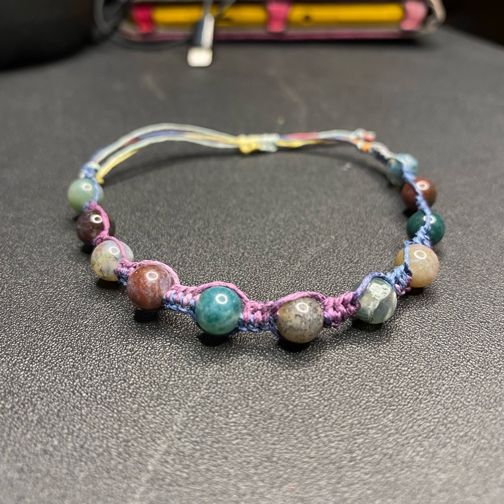 HANDMADE Indian Agate beads knotted with Variegated Hemp Cord